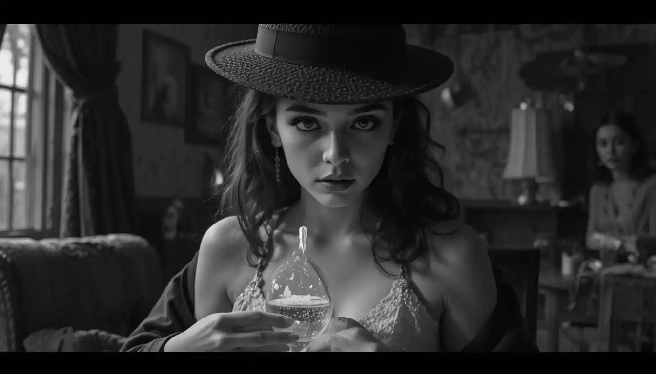 Private detective holding a woman in dramatic noir studio scene