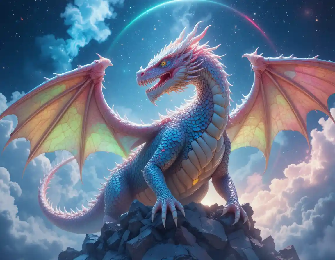 Ancient Chinese dragon perched on a glowing rainbow