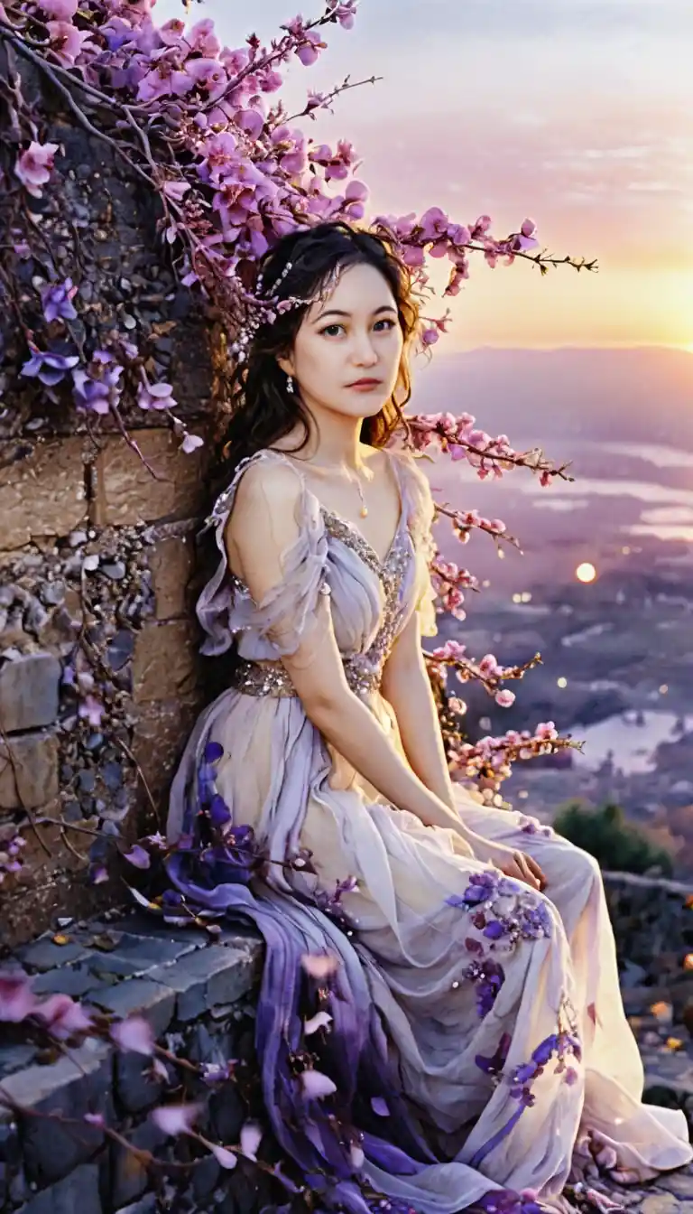 Woman on garden wall at dusk among plum blossoms