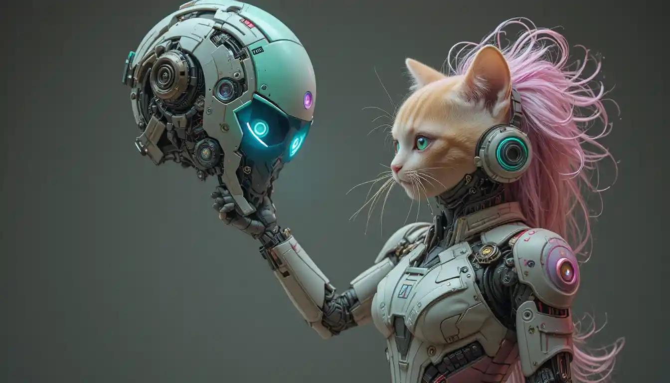 Kitten Reaching Toward A Giant Pastel Mecha Robot