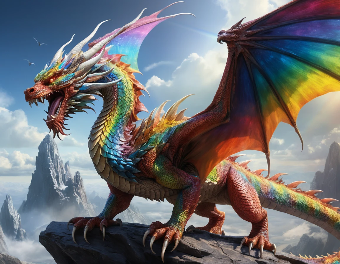 Ancient Chinese dragon roaring atop a glowing rainbow