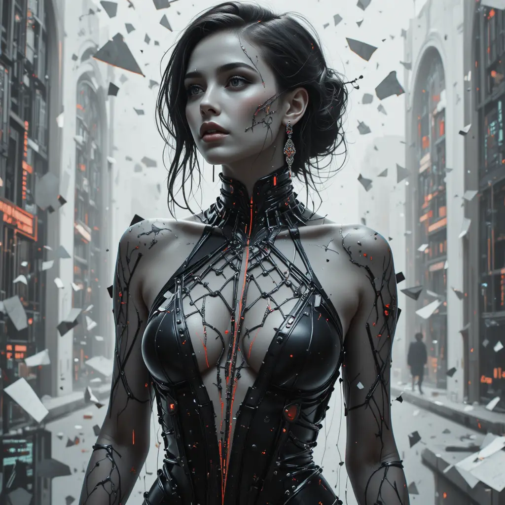 Cyberpunk-Heldin in flackernden digitalen Ruinen aus der Nähe