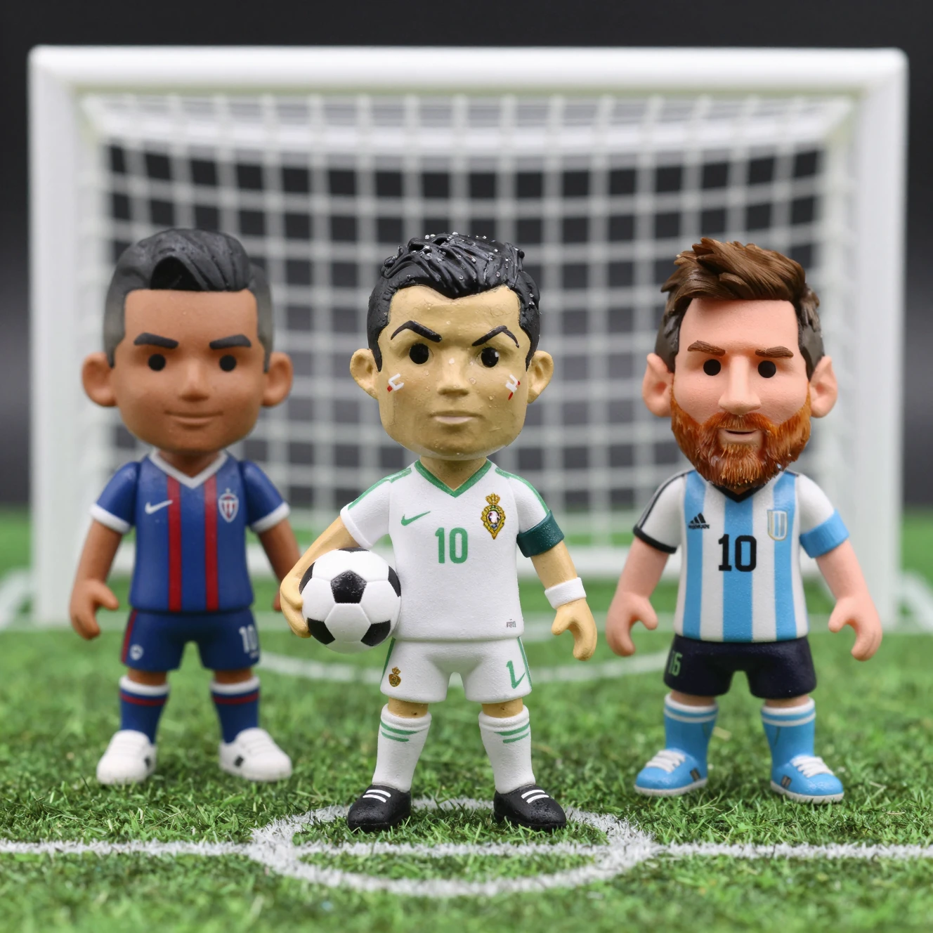 Collectible soccer figurines on a mini football pitch