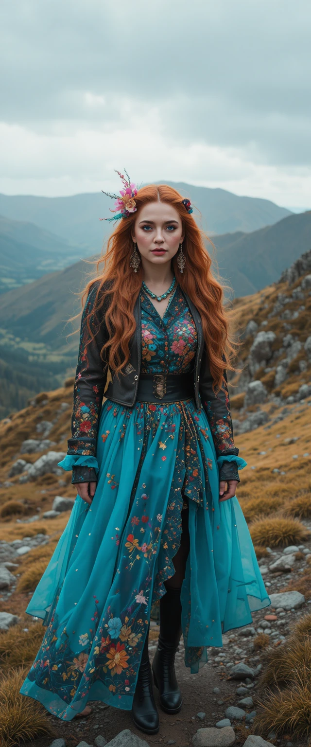 Red haired fashion woman hiking in Scottish highlands