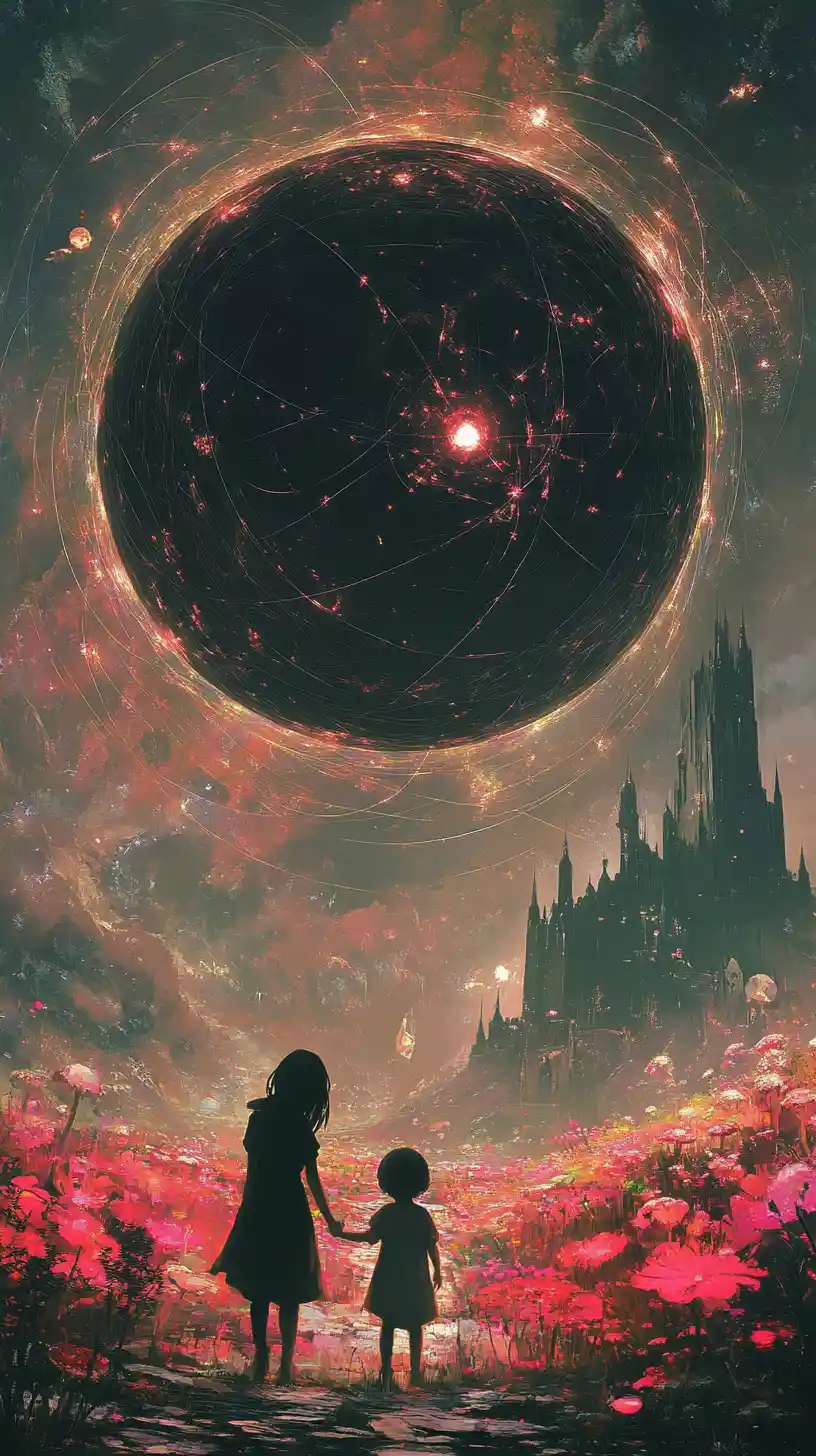 Child meeting a creature under a massive dark sky orb