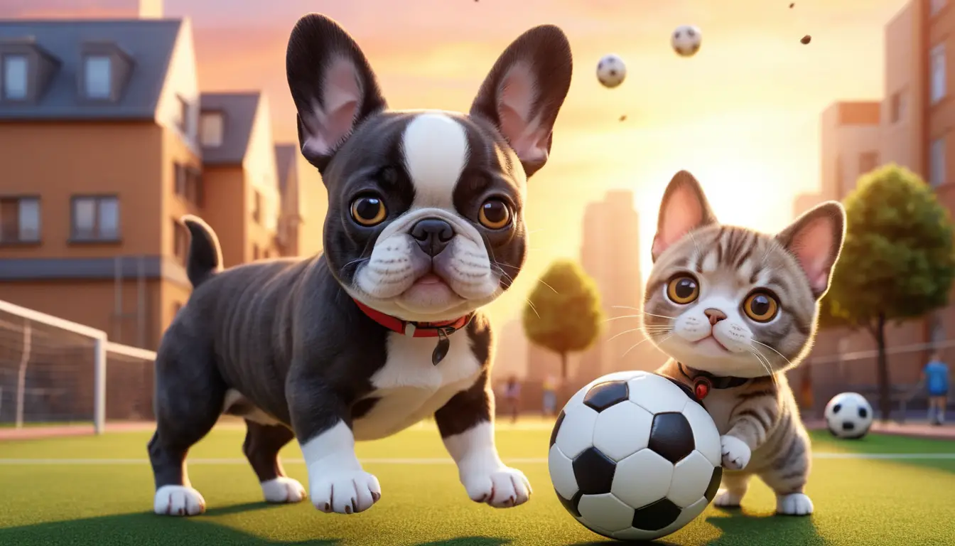 Cachorro e gato fofos jogando futebol em um parquinho na cidade