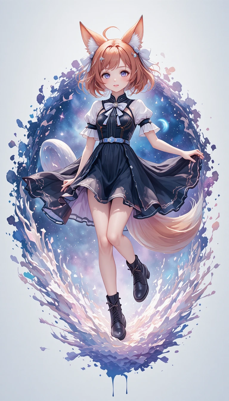 Anime fox girl leaping from colorful cosmic splash