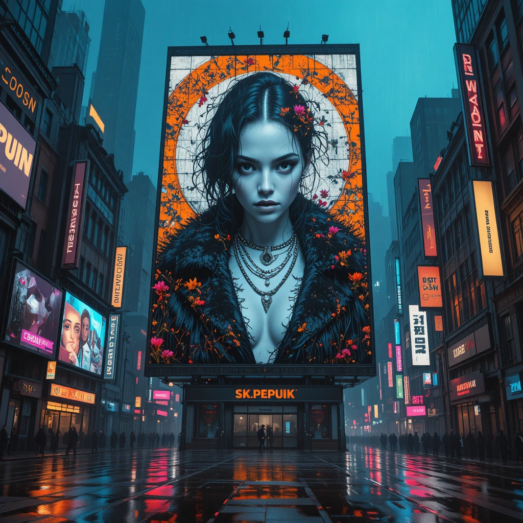 Cyberpunk Fashion Portrait On Neon City Billboard