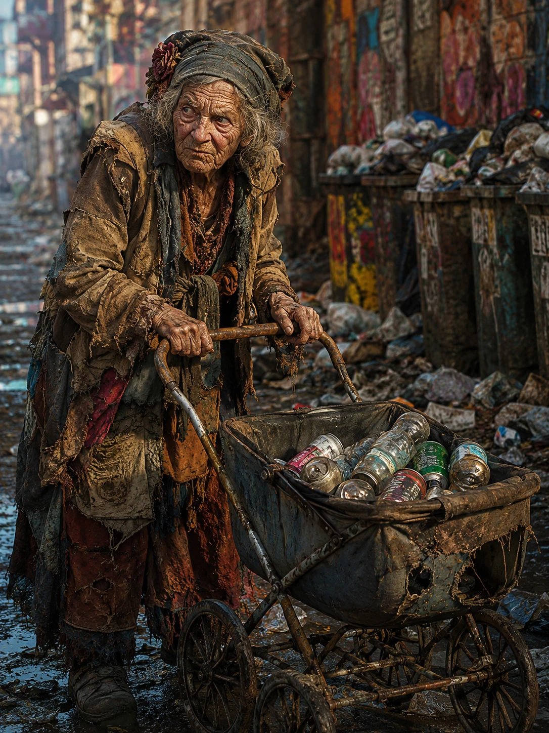 Old woman pushing a junk filled stroller in dirty alley