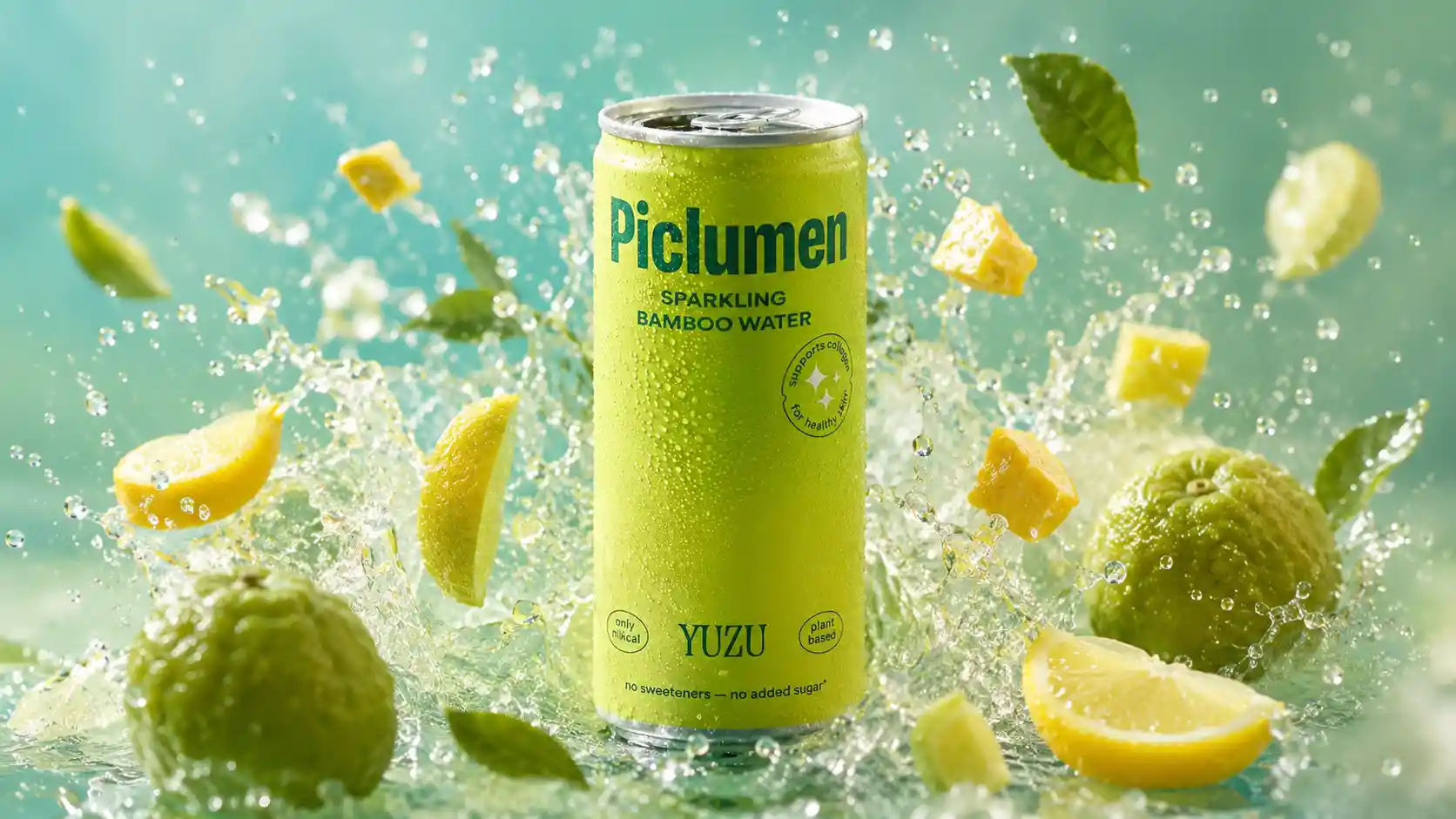 Metallic sparkling water can with splashing water and fruit