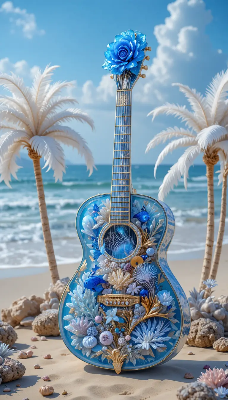 Crystal ocean themed guitar with elaborate marine details