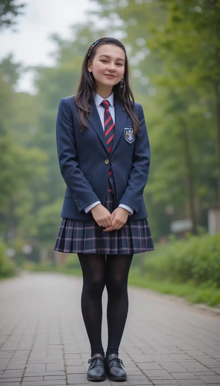 Young woman in school uniform on a tree lined path