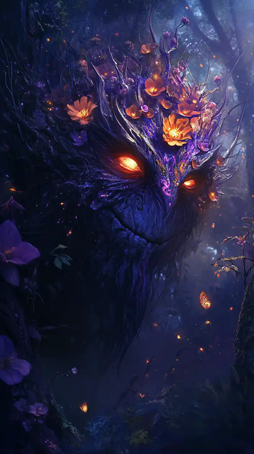 Ethereal moth dragon spirit in a dark glowing forest
