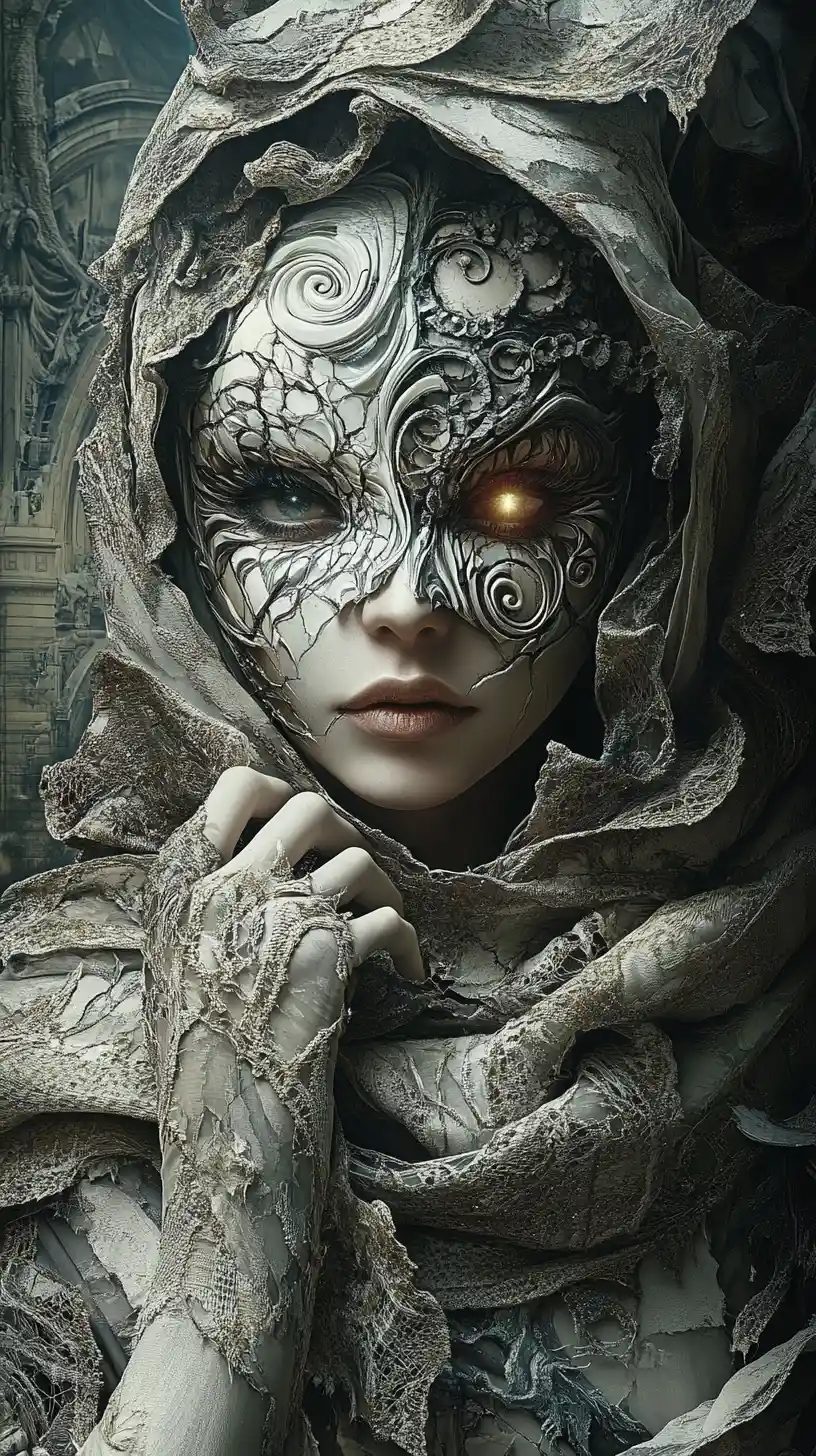 Masked fantasy queen with glowing eye in folding cityscape