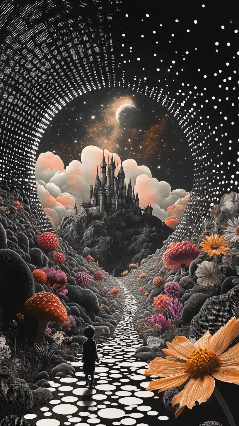 Child at the edge of a patterned tunnel to fantasy