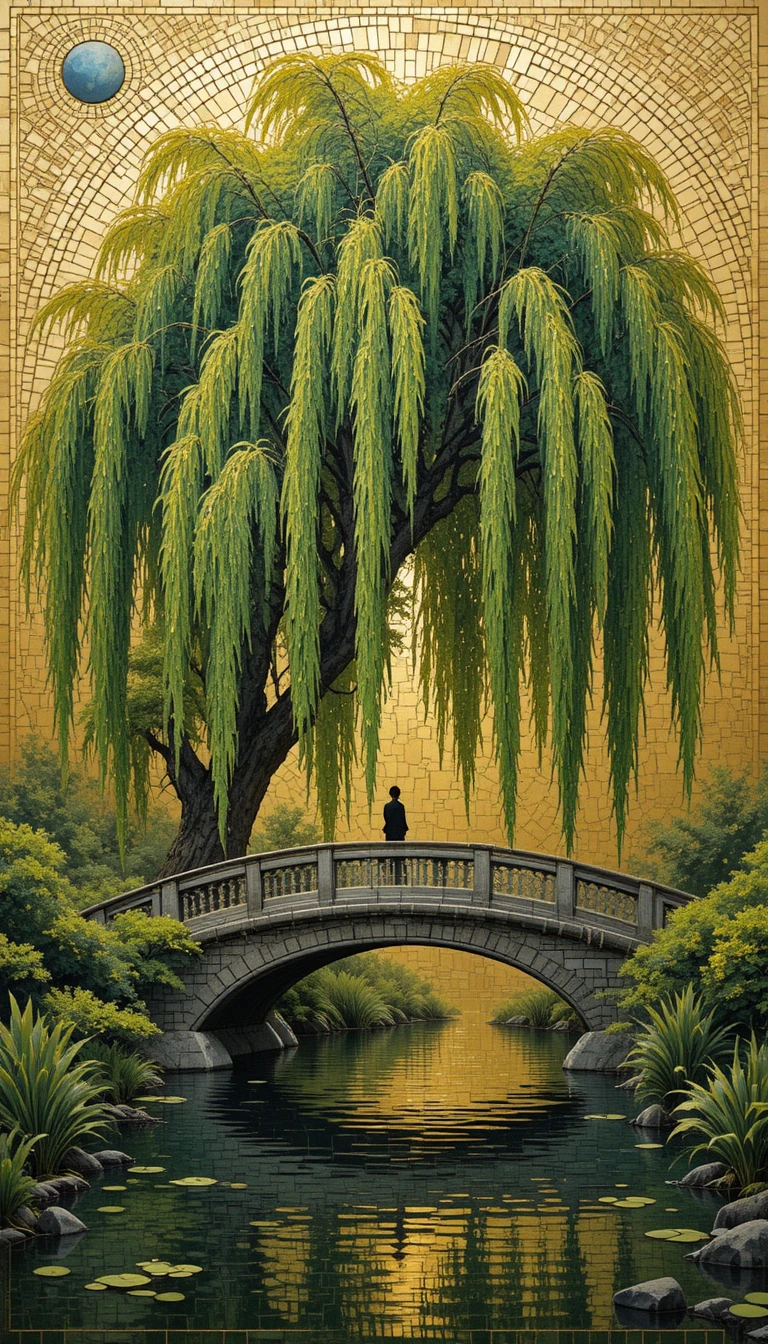 Golden mosaic willow tree over stylized abstract bridge scene