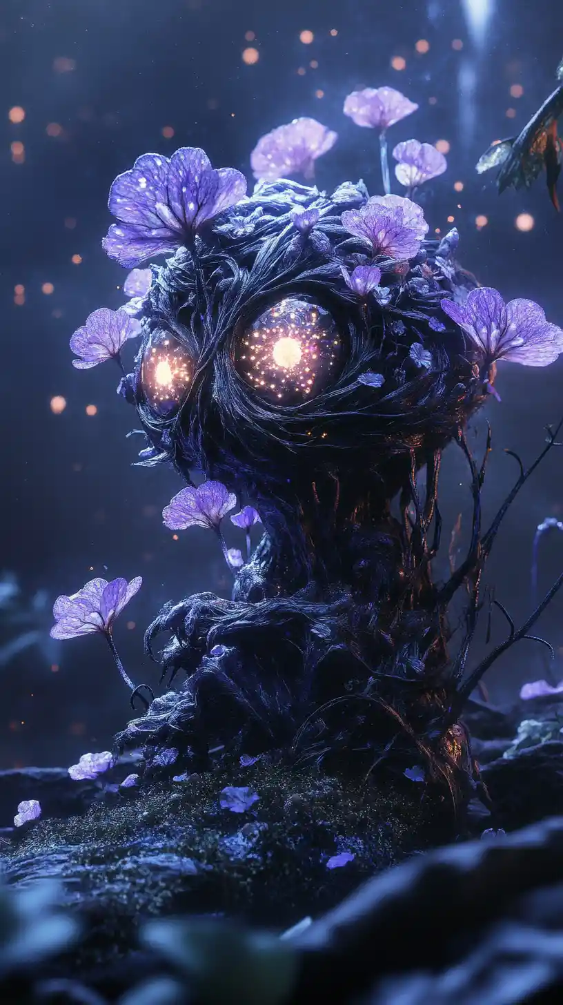 Small creature consumed by invasive dark floral growths
