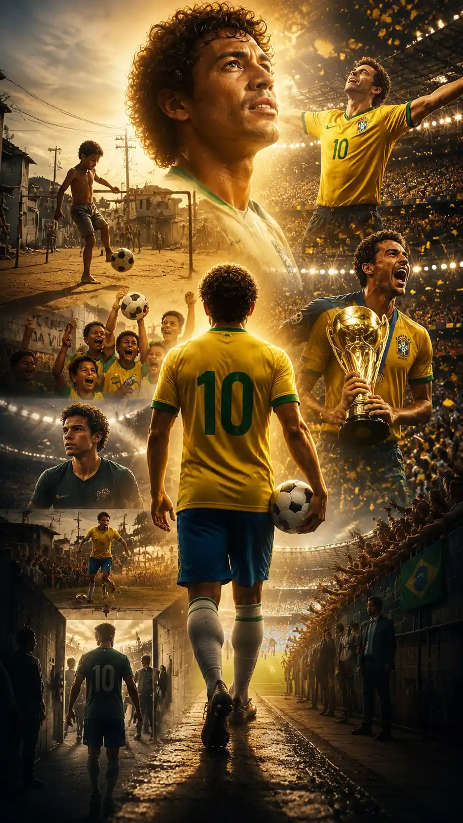 Young soccer player rising from street pitch to stadium glory