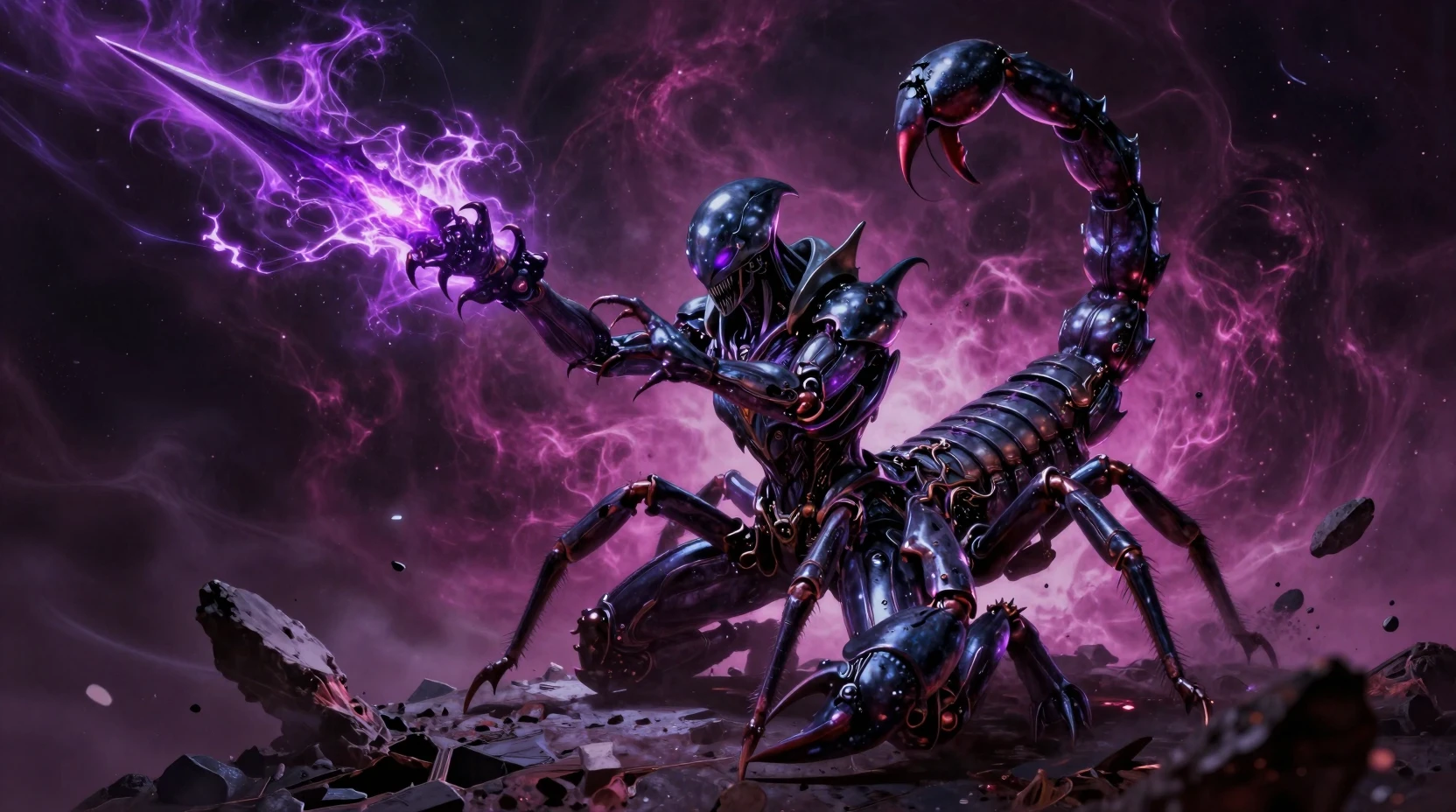 Cosmic scorpion assassin kneeling on shattered planetoid