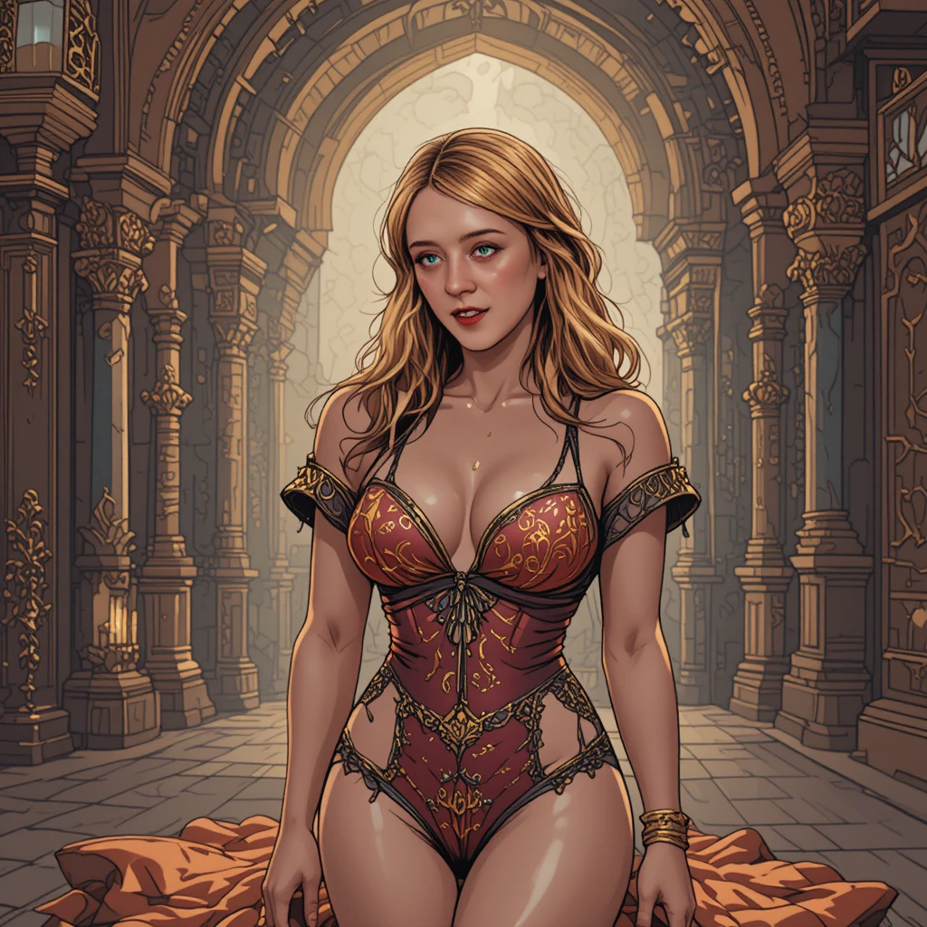 Curvy harem woman in lingerie in colorful palace interior