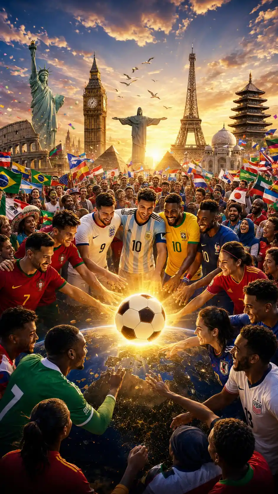 Global soccer players united around a glowing world ball