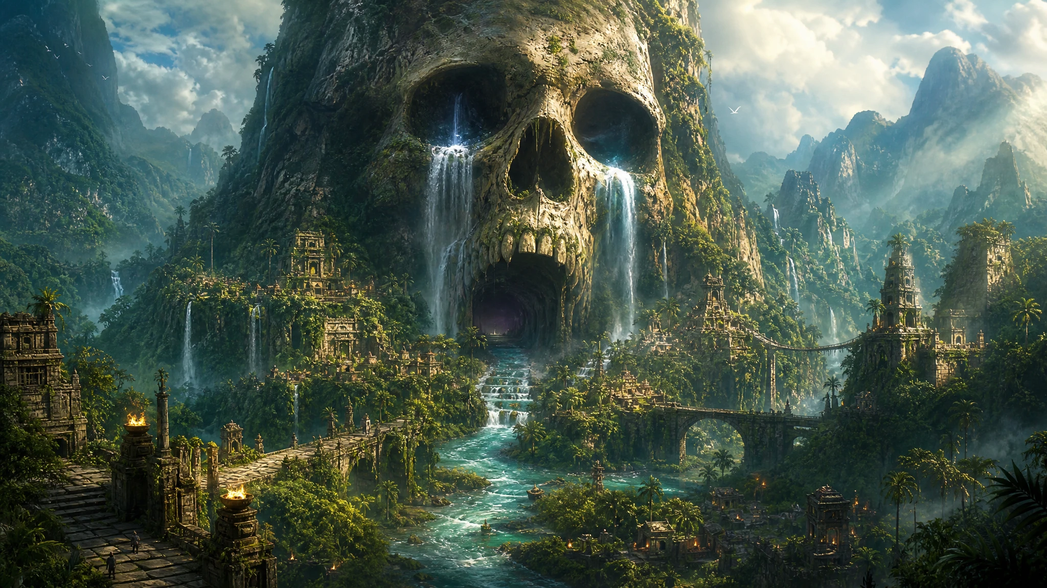 Gigantic Skull Mountain Rising Above Ancient Jungle Villages