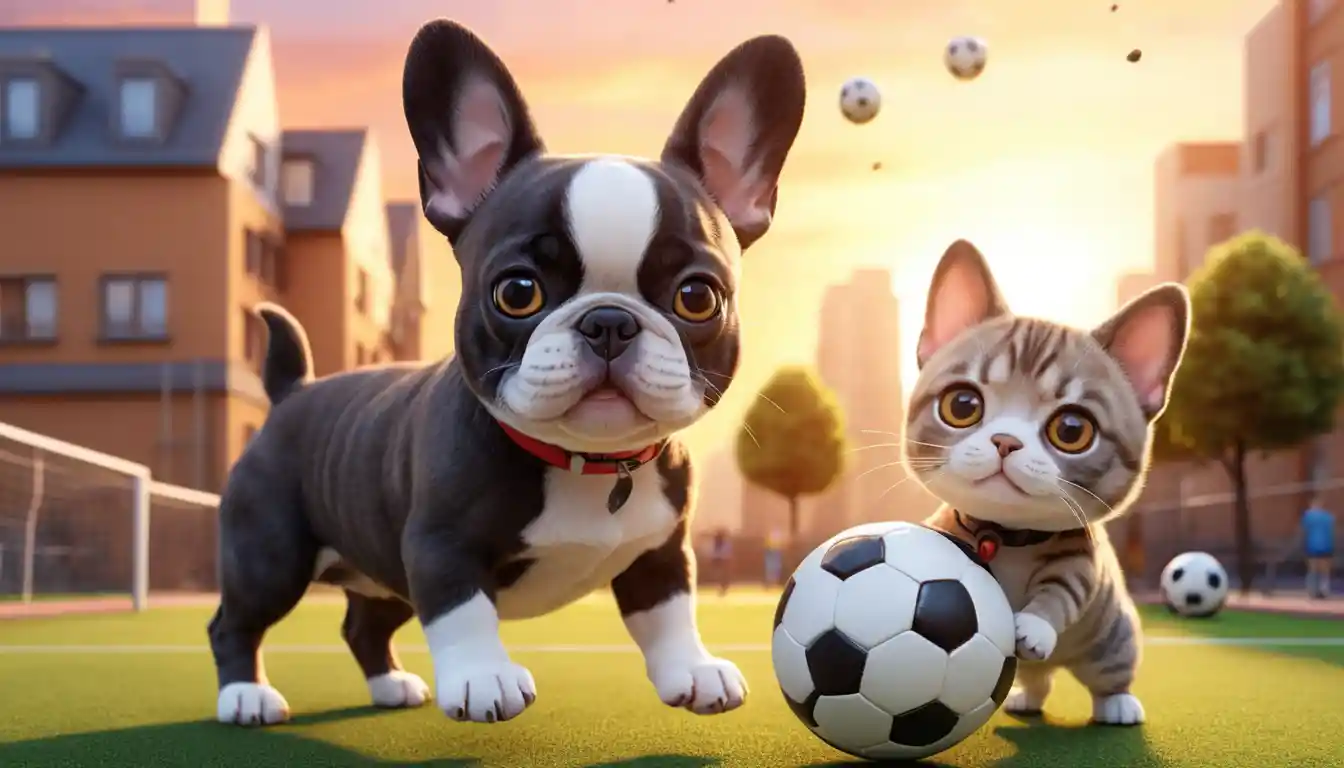 Cute dog and cat playing soccer on city playground