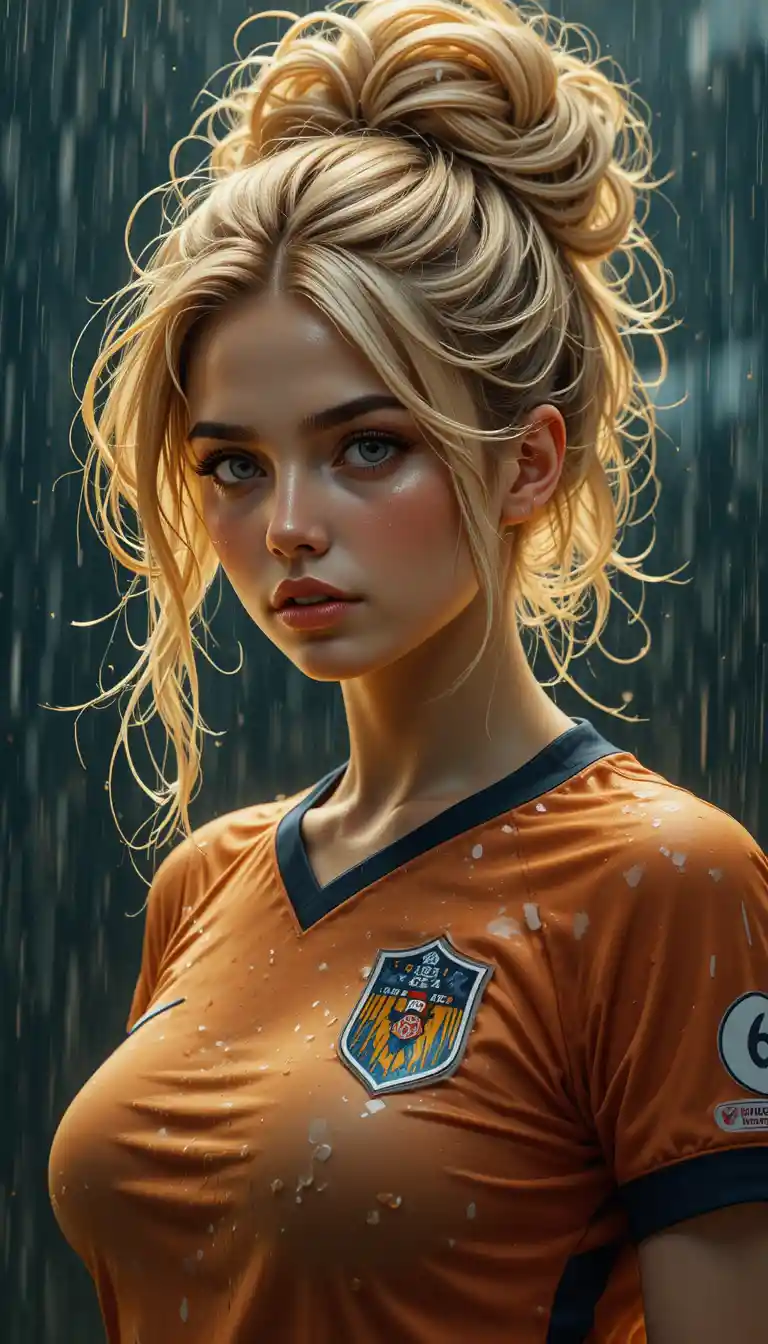 Mystical anime soccer woman in warm rain soaked close up
