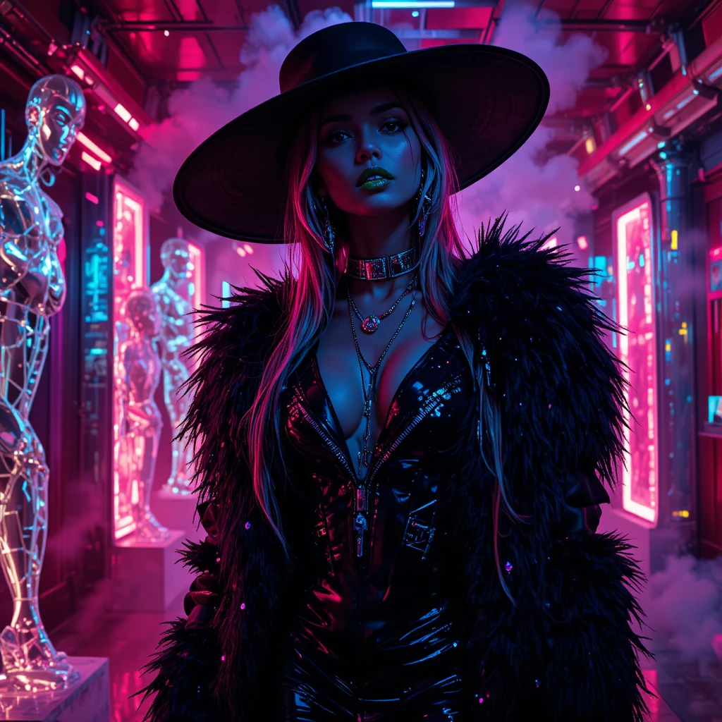 Ritratto fashion glitch di una donna in una discoteca al neon