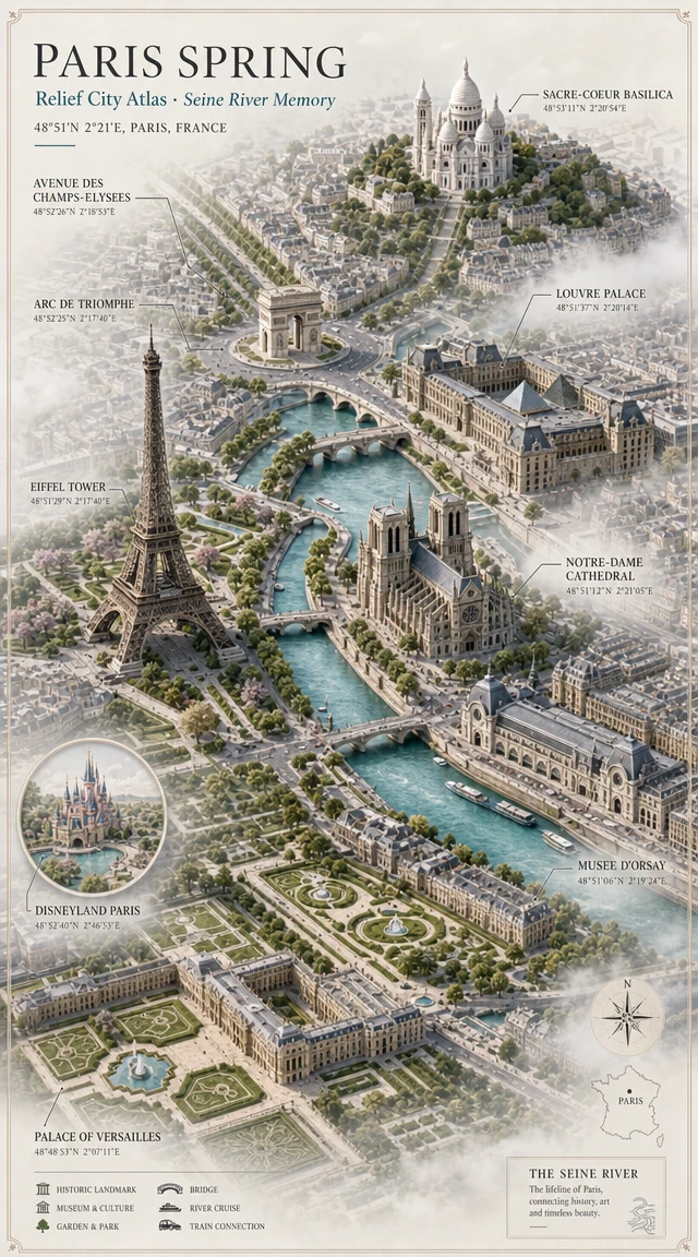 Atlas urbano en relieve del Sena en París con horizonte primaveral brumoso