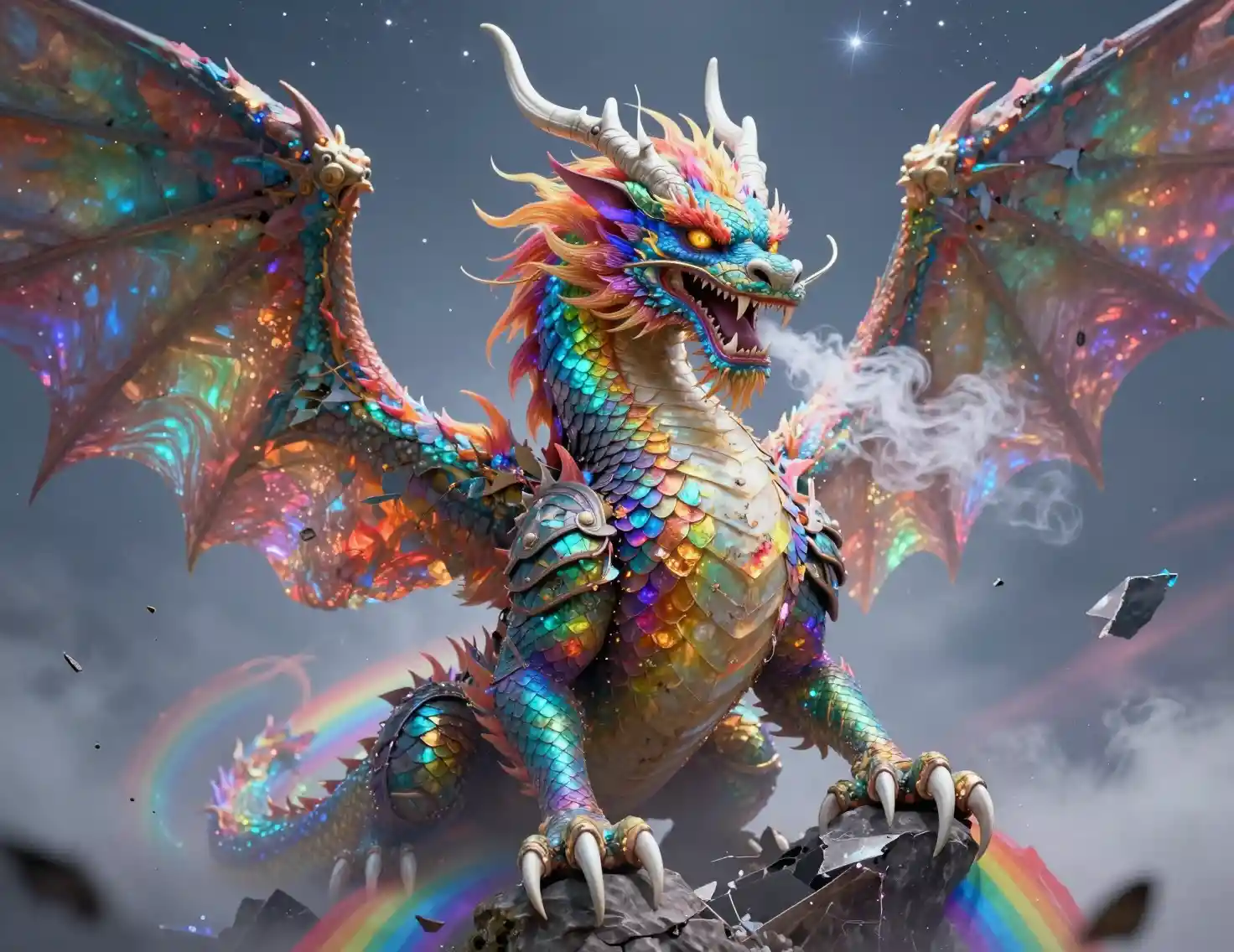 Ancient Chinese dragon perched on a glowing rainbow