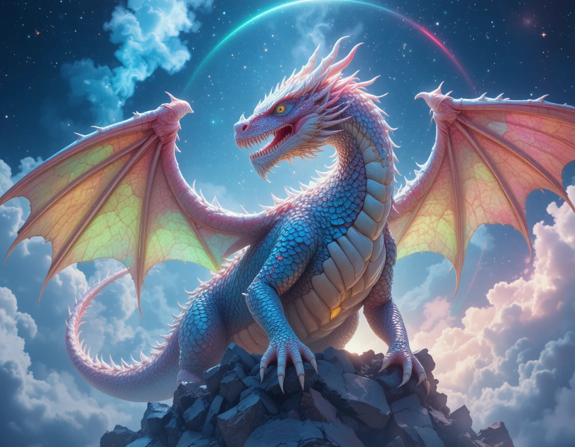Ancient Chinese dragon perched on a glowing rainbow