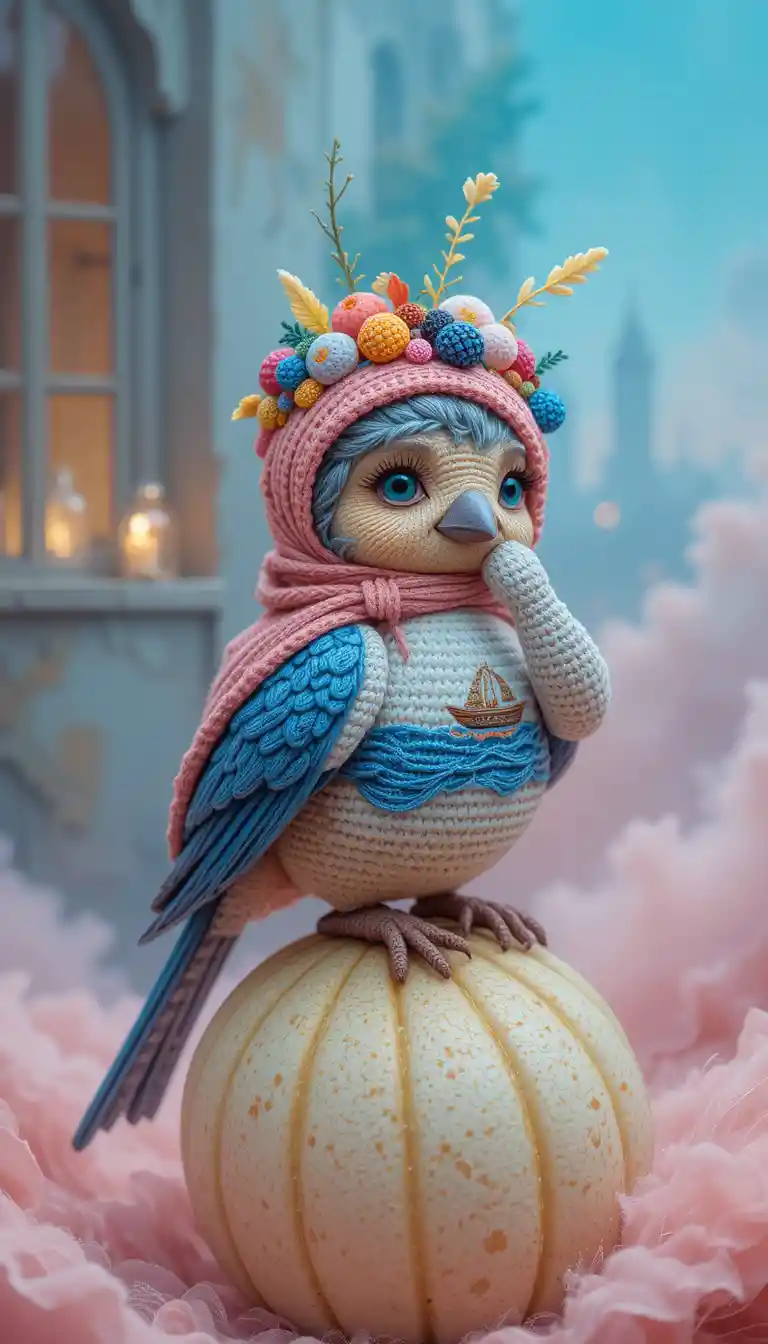 Surreal bird with barge on its body in pastel colors