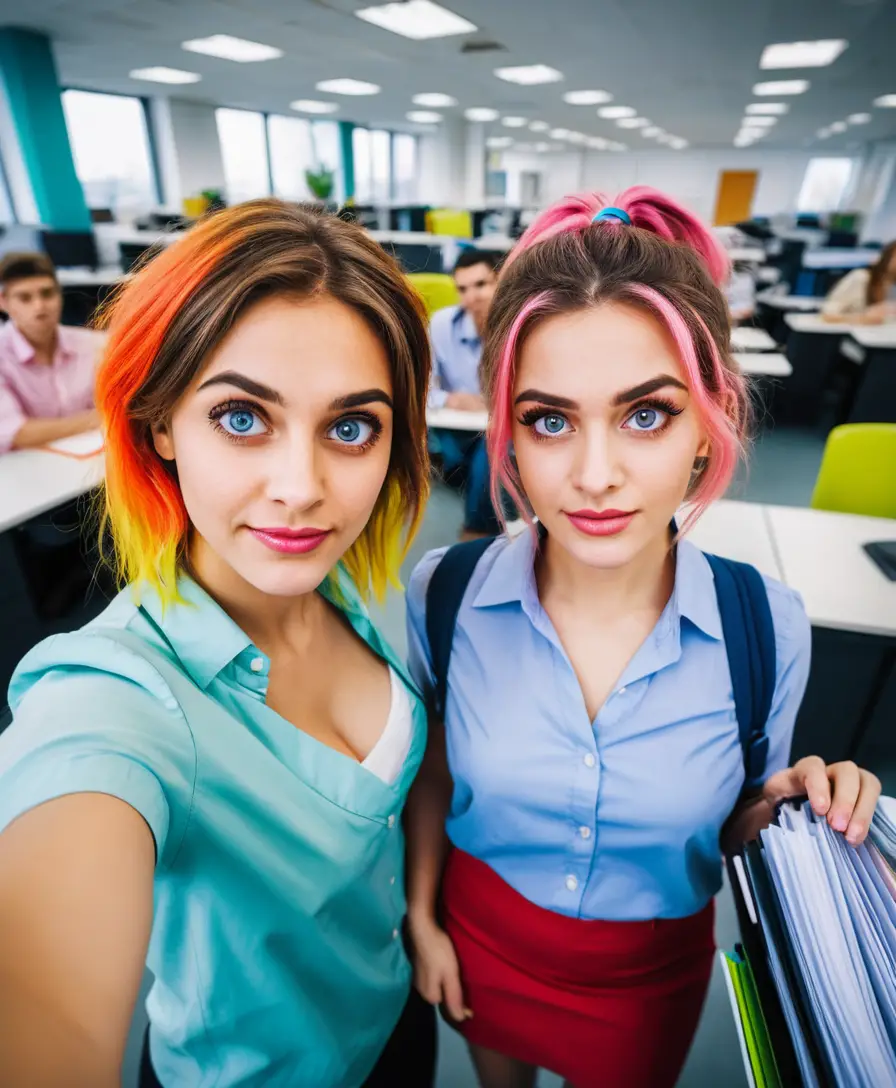 Fisheye close up of two smiling girls in office