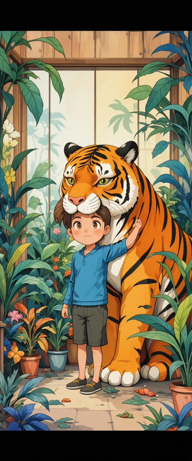 Boy With Giant Tiger In A Lush Indoor Plant Room