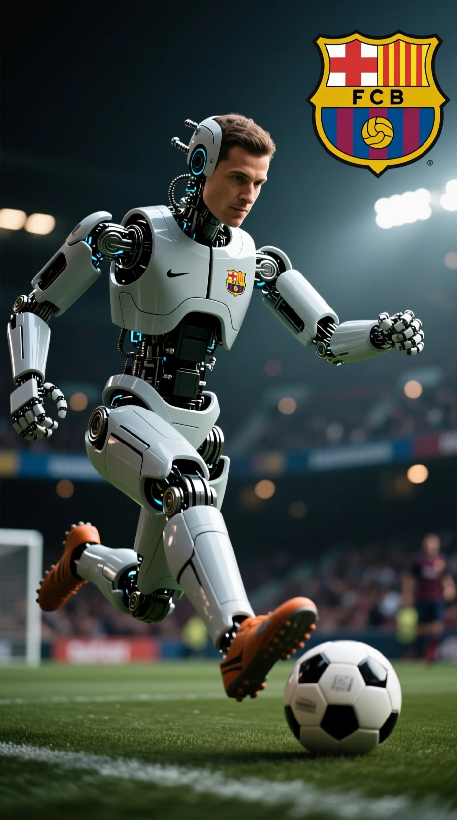 Humanoid soccer robot kicking a ball toward the viewer