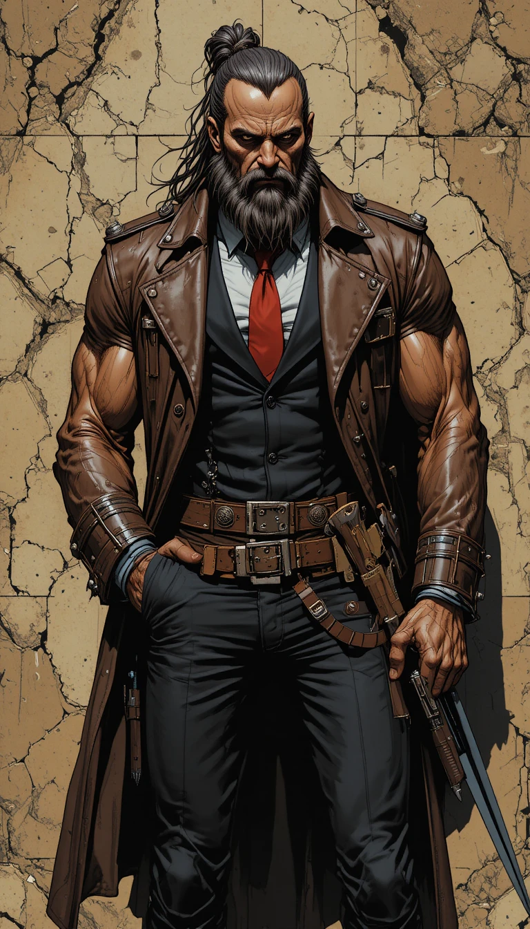 Alien warrior in suit and trench coat against earthy wall