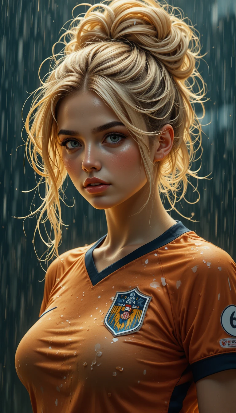 溫雨中濕身的神祕動漫足球女子特寫