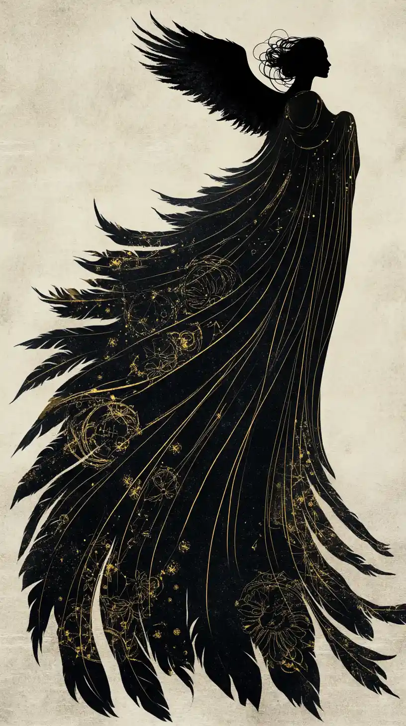 Woman silhouette with raven wings and celestial ornament