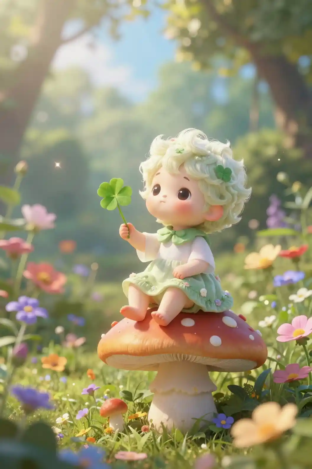 Whimsical tiny fairy sitting on a mushroom with clover