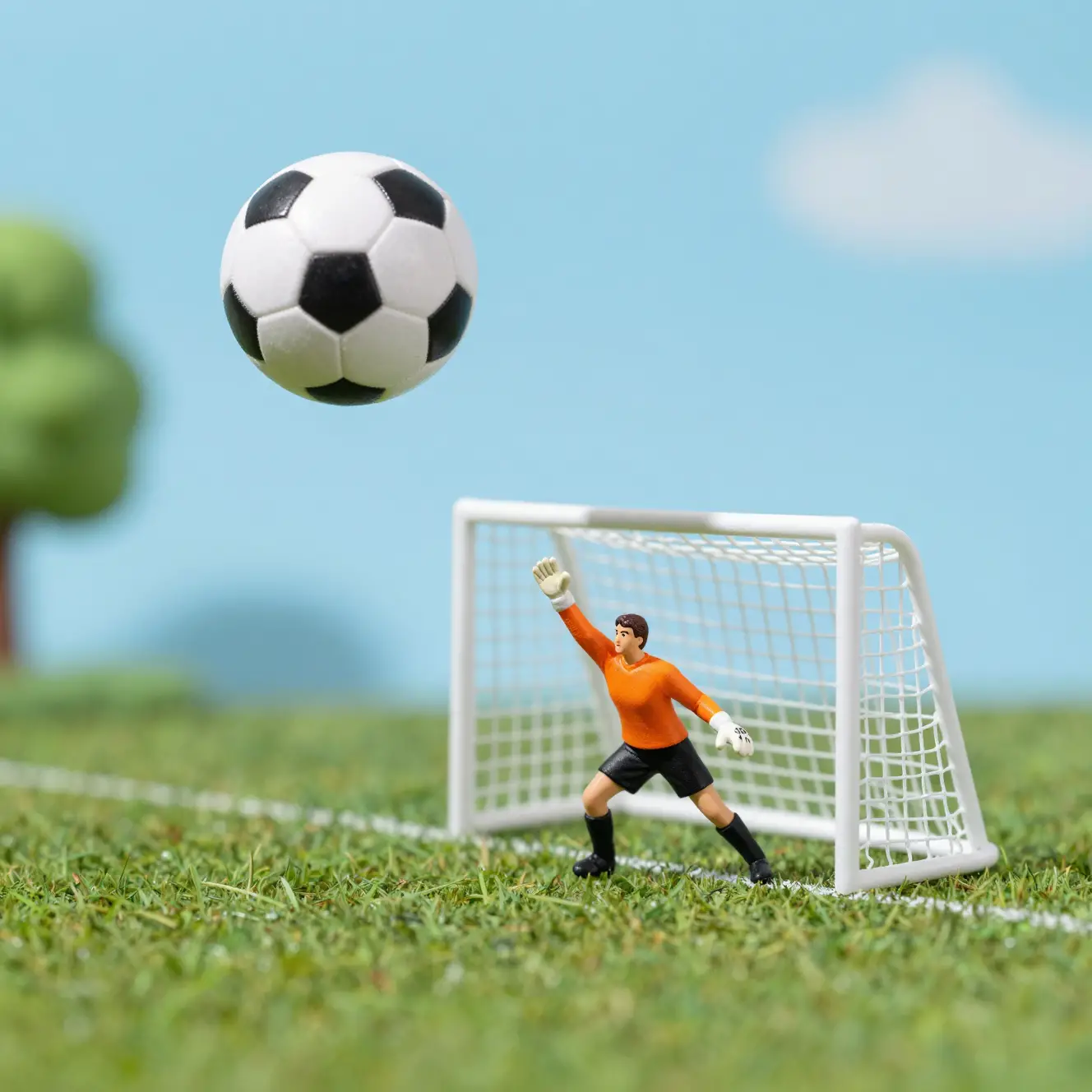 Miniature soccer ball flying toward a tiny goal net