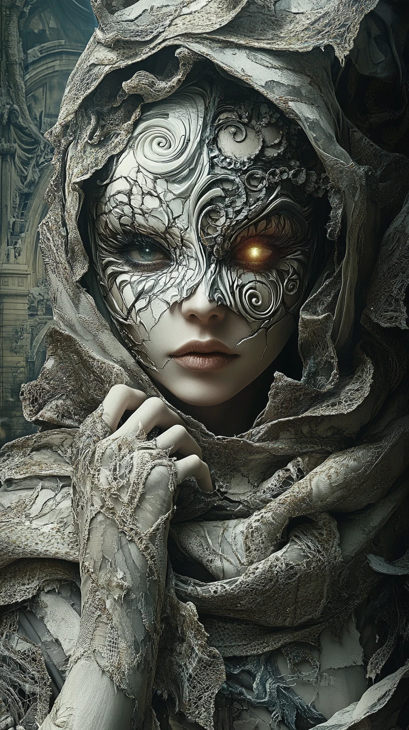 Masked fantasy queen with glowing eye in folding cityscape