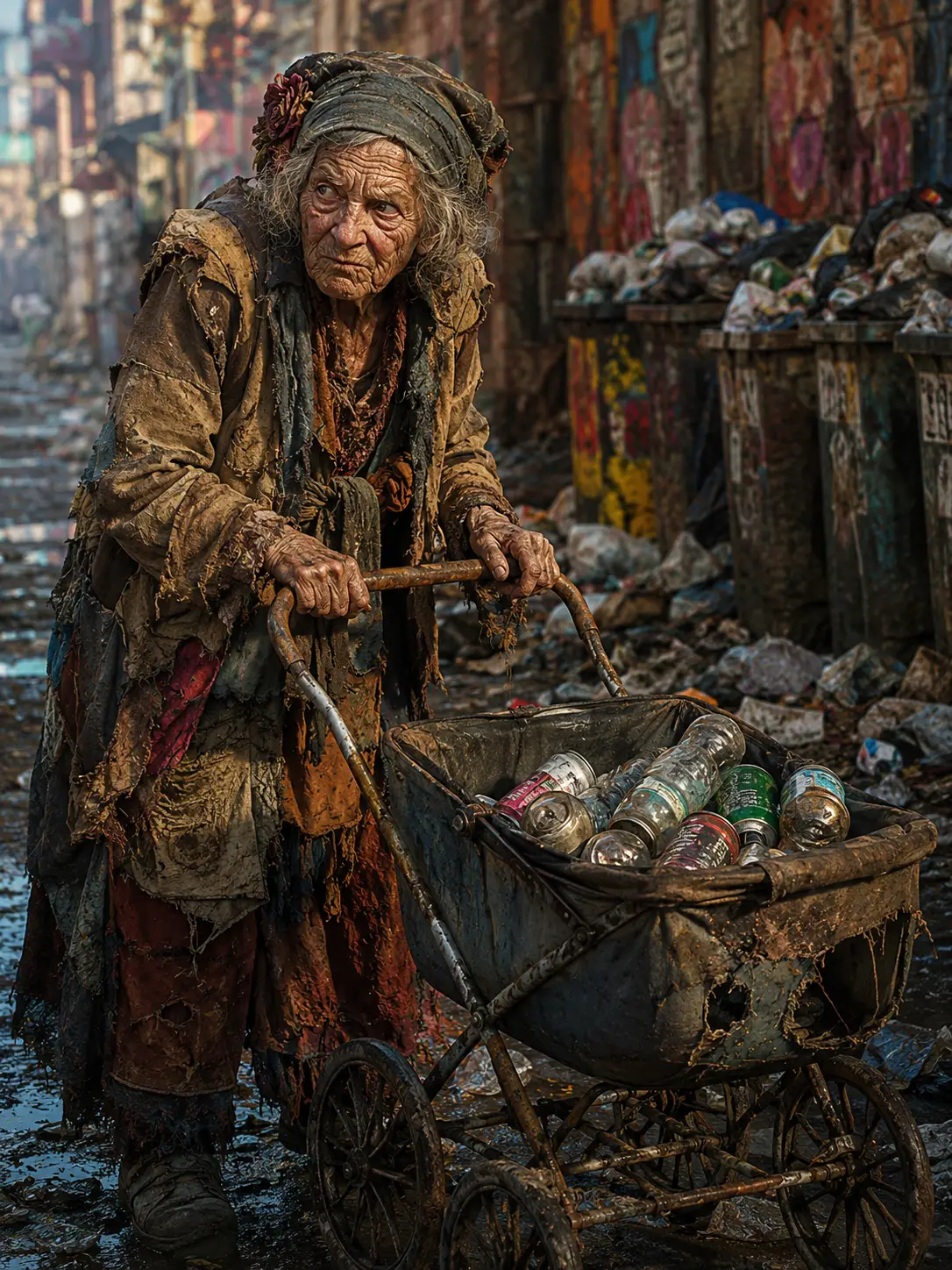Old woman pushing a junk filled stroller in dirty alley