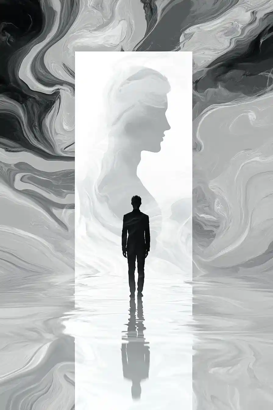 Man before a surreal portal with flowing face and waves
