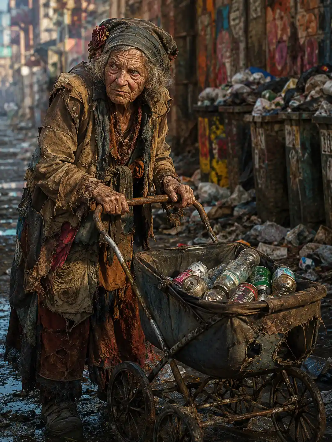 Old woman pushing a junk filled stroller in dirty alley