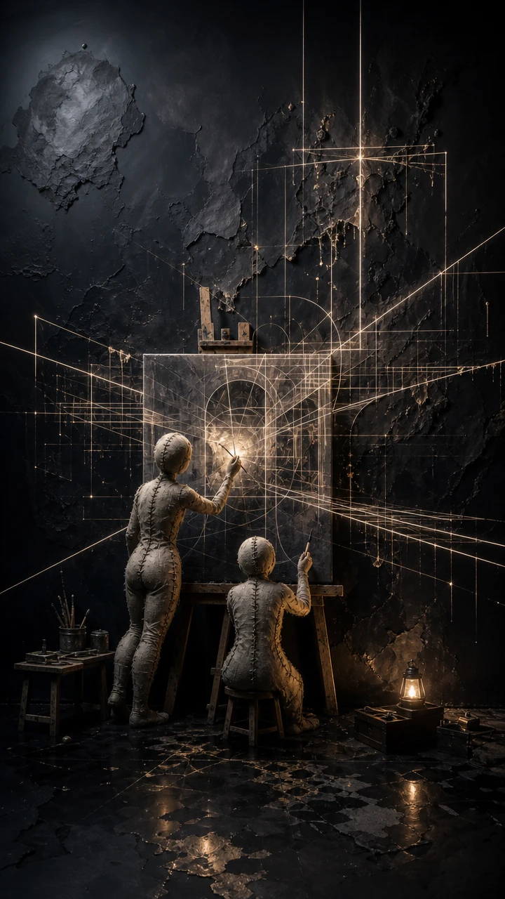 Surreal painting with glowing geometric lines in dark room