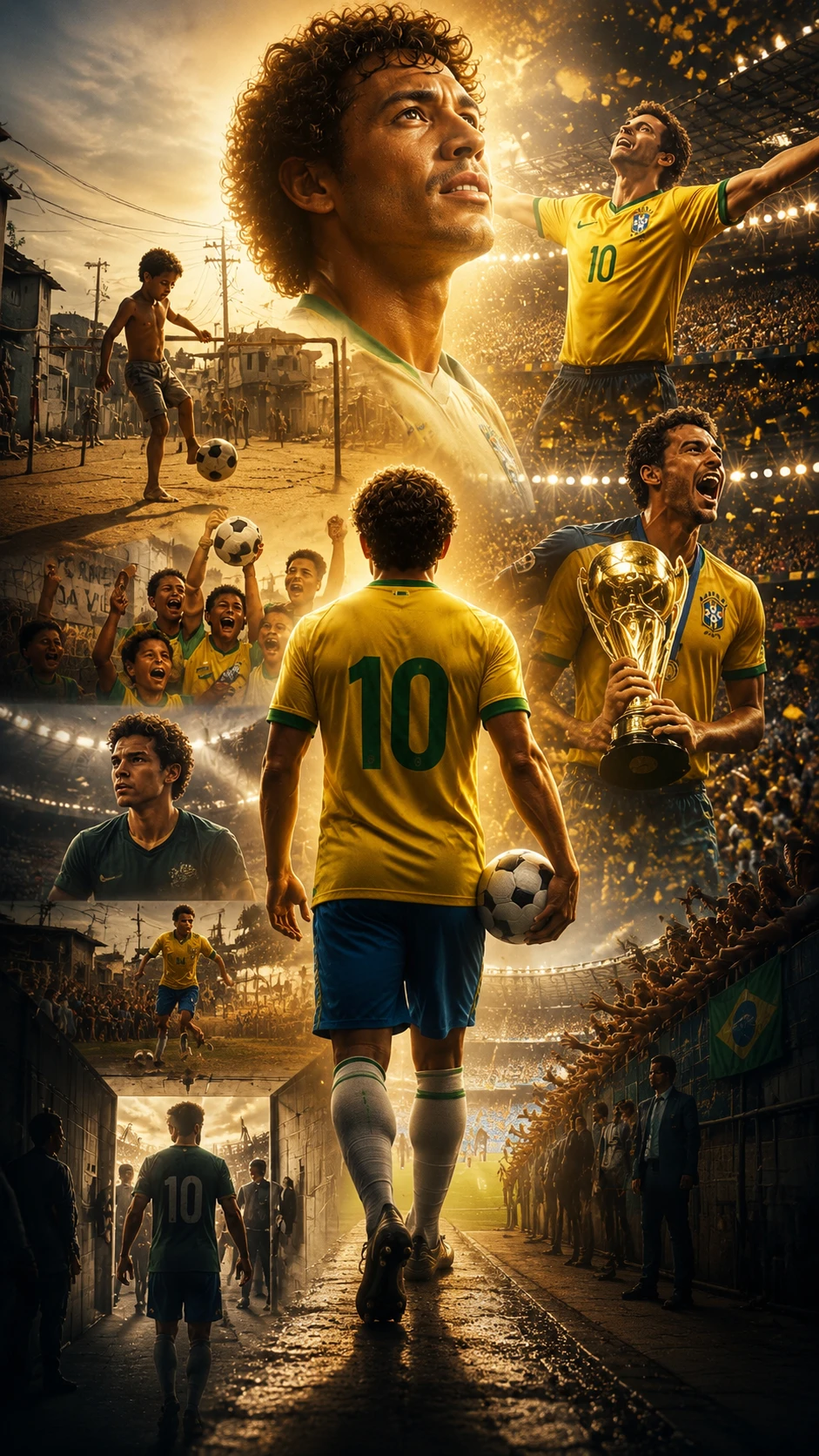 Young soccer player rising from street pitch to stadium glory