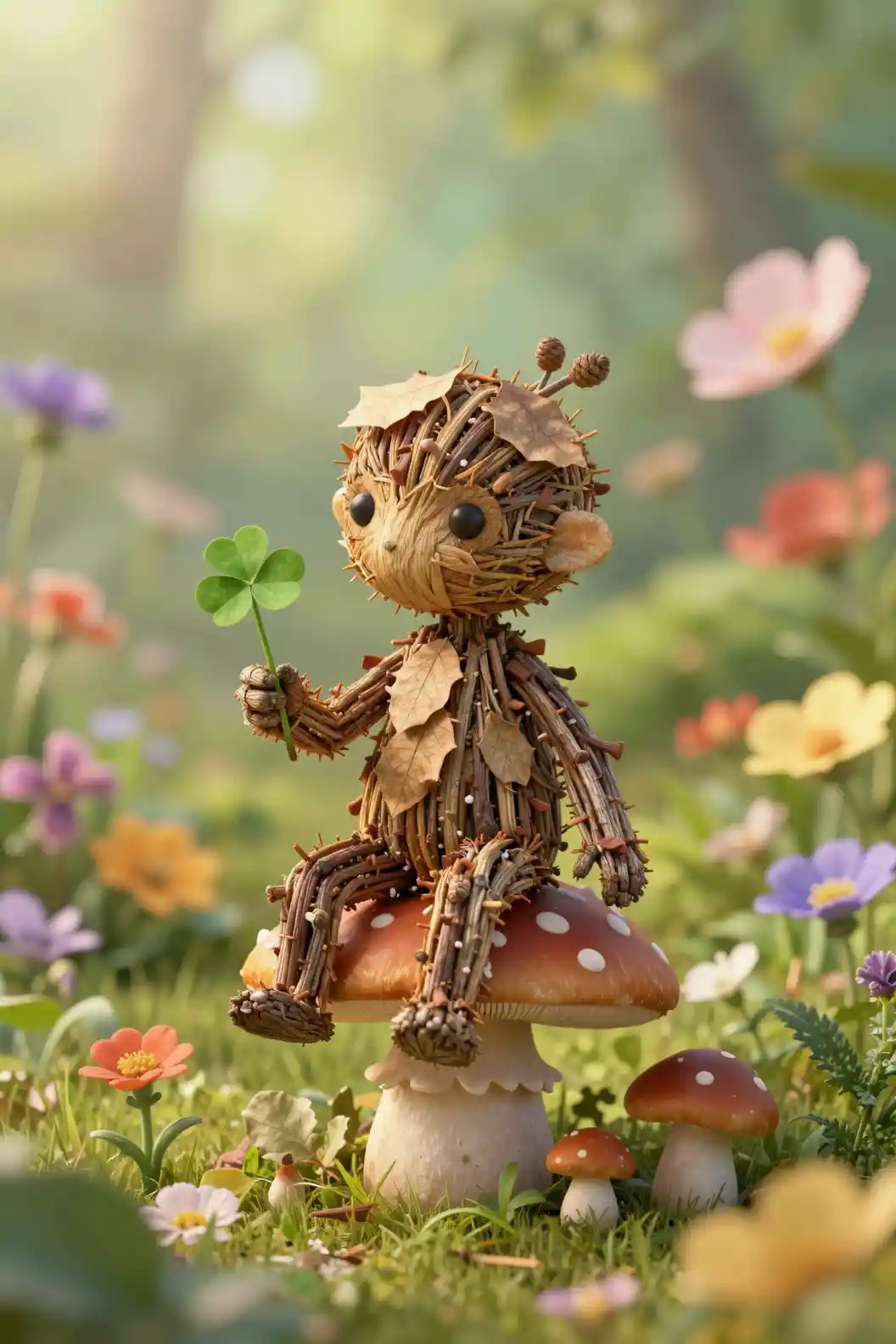 Whimsical Twig Forest Spirit Sitting On A Mushroom
