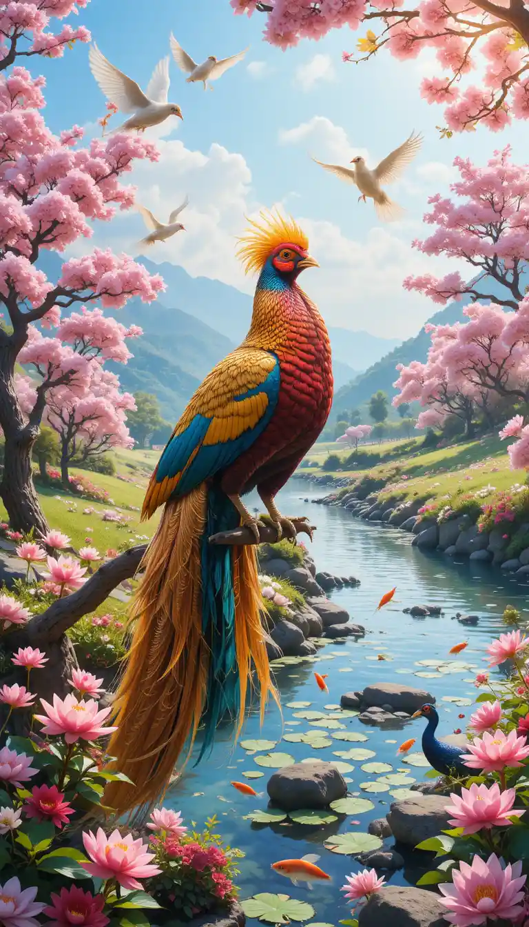 Golden pheasant on cherry blossom branch in fantasy spring valley
