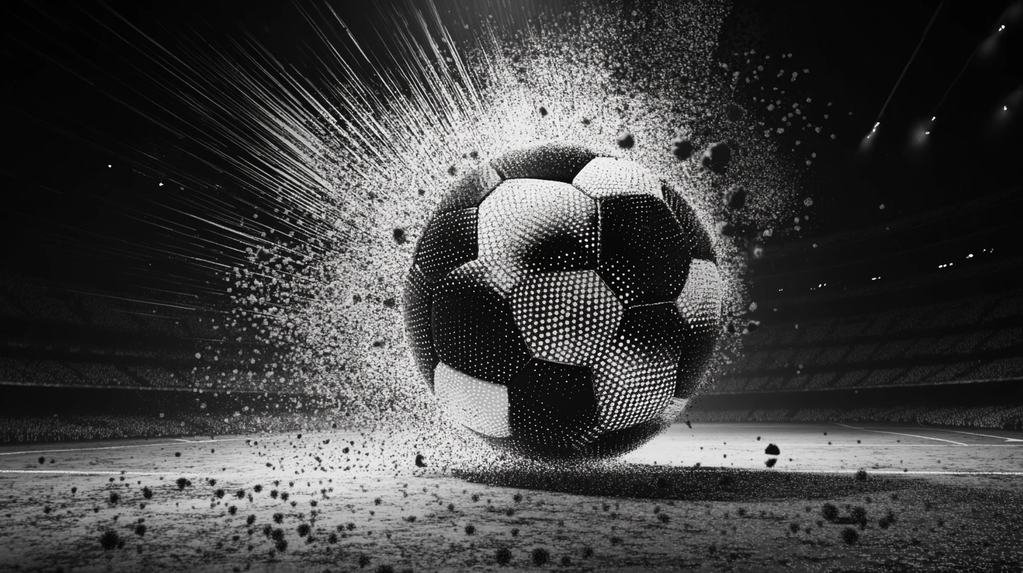 Giant soccer ball opening on a stadium field with collapsing dots